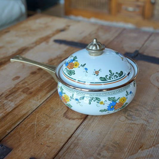 Vintage 1960s Asta Floral Enamel Pot w/ Brass Handle