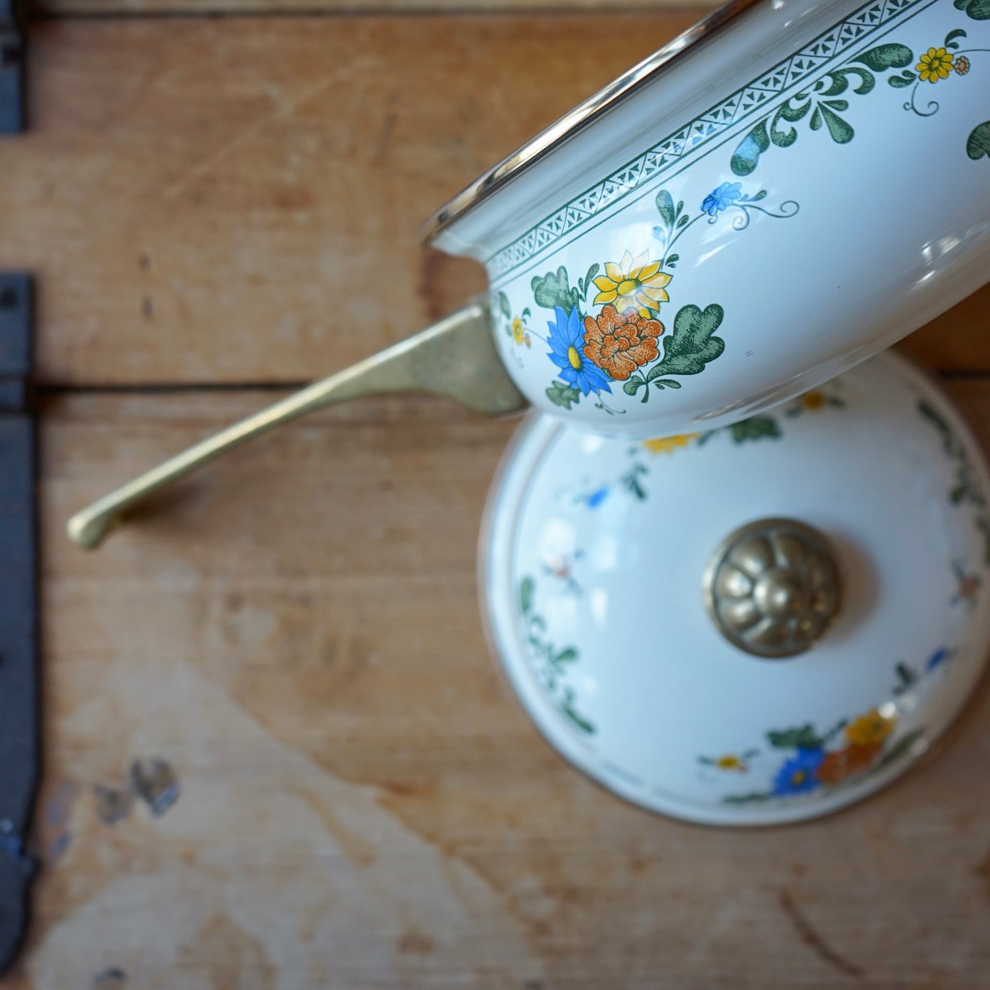 Vintage 1960s Asta Floral Enamel Pot w/ Brass Handle