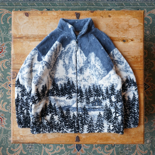 Vintage Black Mountain Winter Scene Fleece Jacket Size L