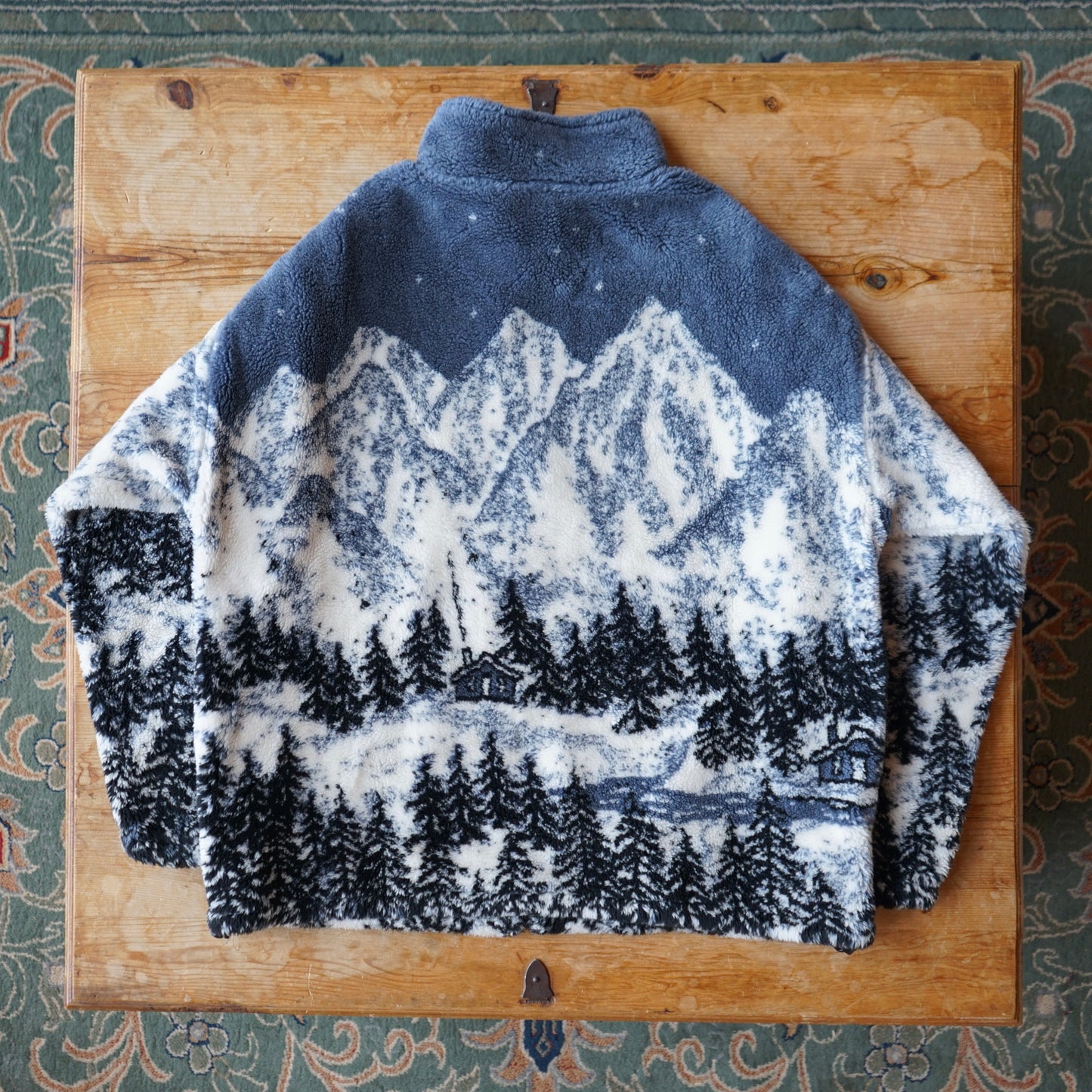 Vintage Black Mountain Winter Scene Fleece Jacket Size L