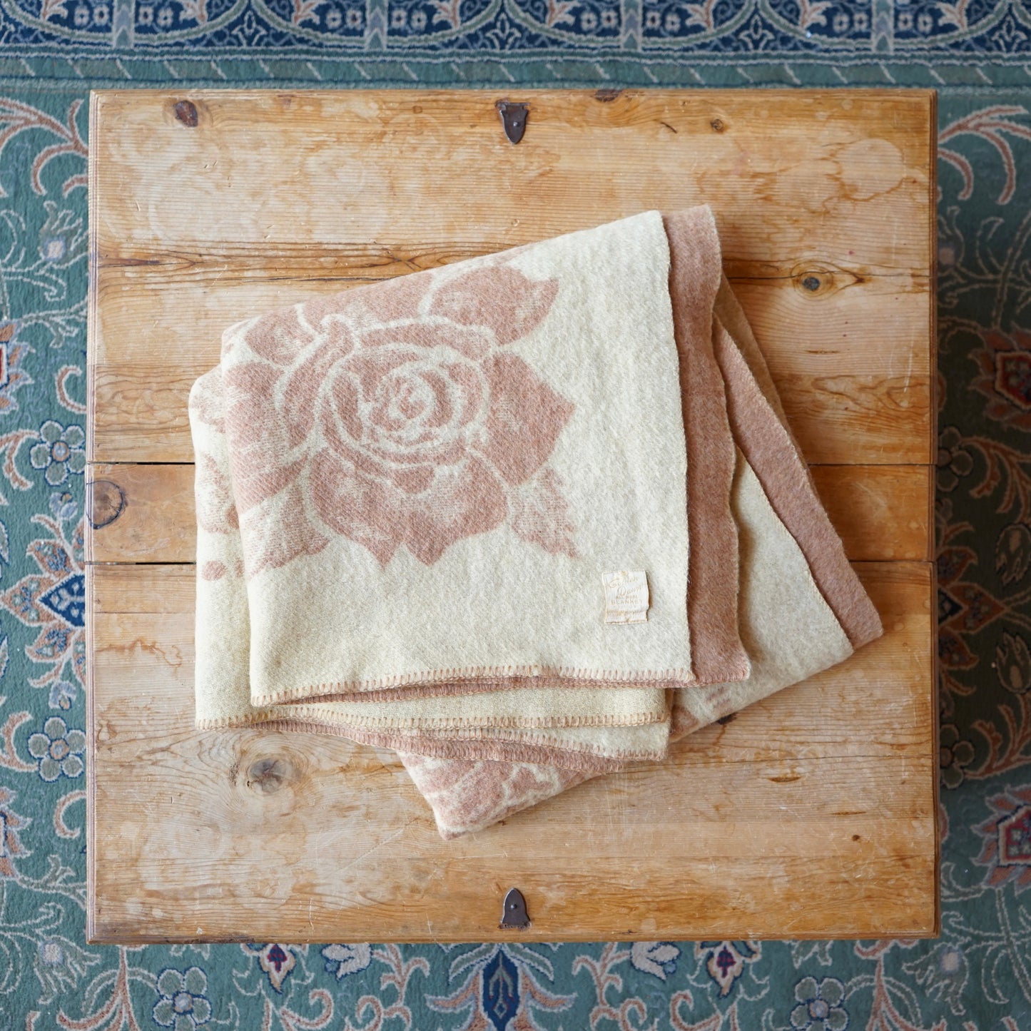 Vintage 1950s Golden Dawn Rose Wool Blanket