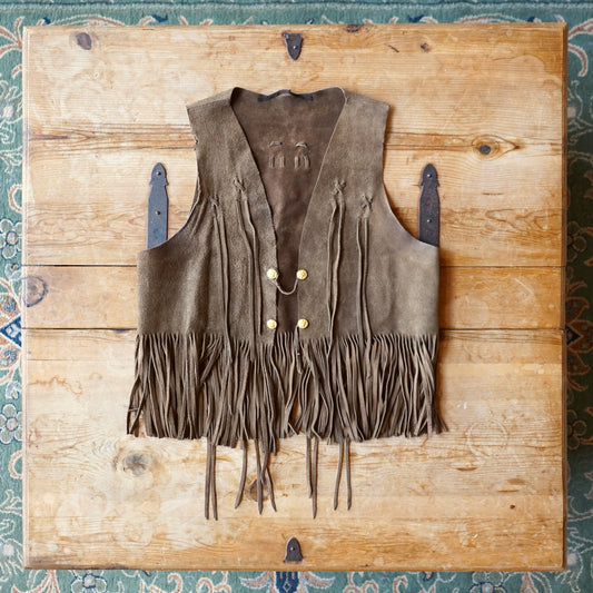 Vintage Handmade Brown Leather Fringe Vest Size M