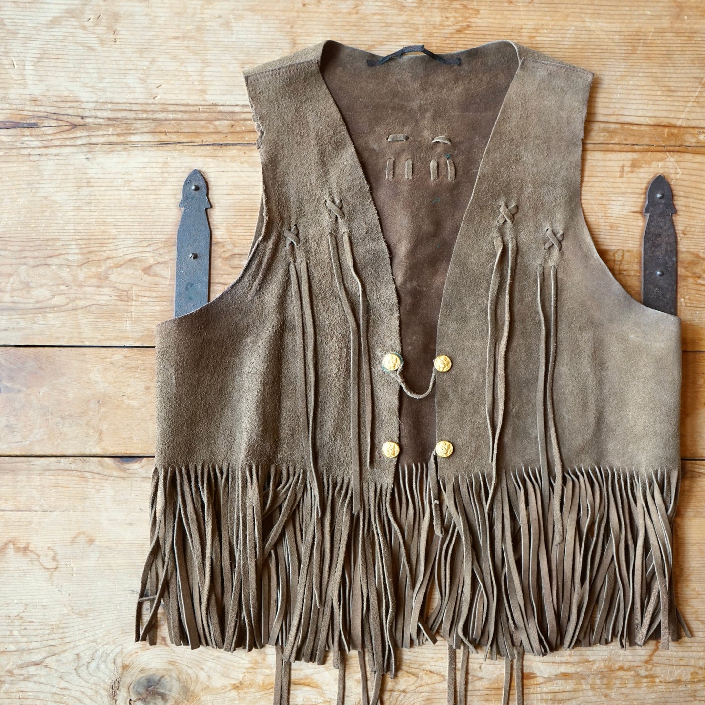 Vintage Handmade Brown Leather Fringe Vest Size M