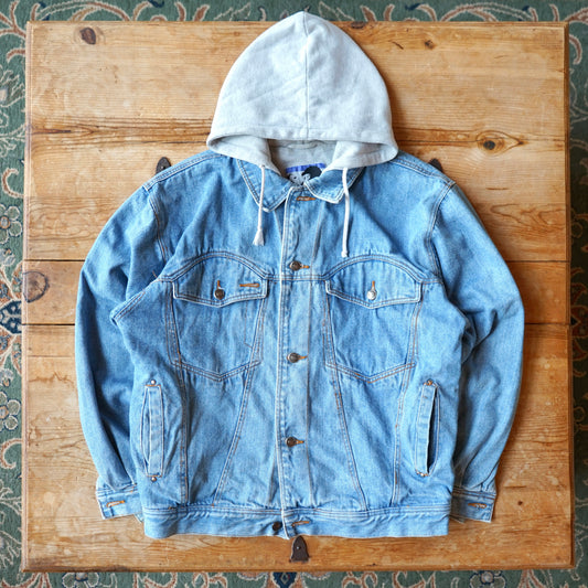 Vintage Todays News Built In Hoodie Jean Jacket Size M/L