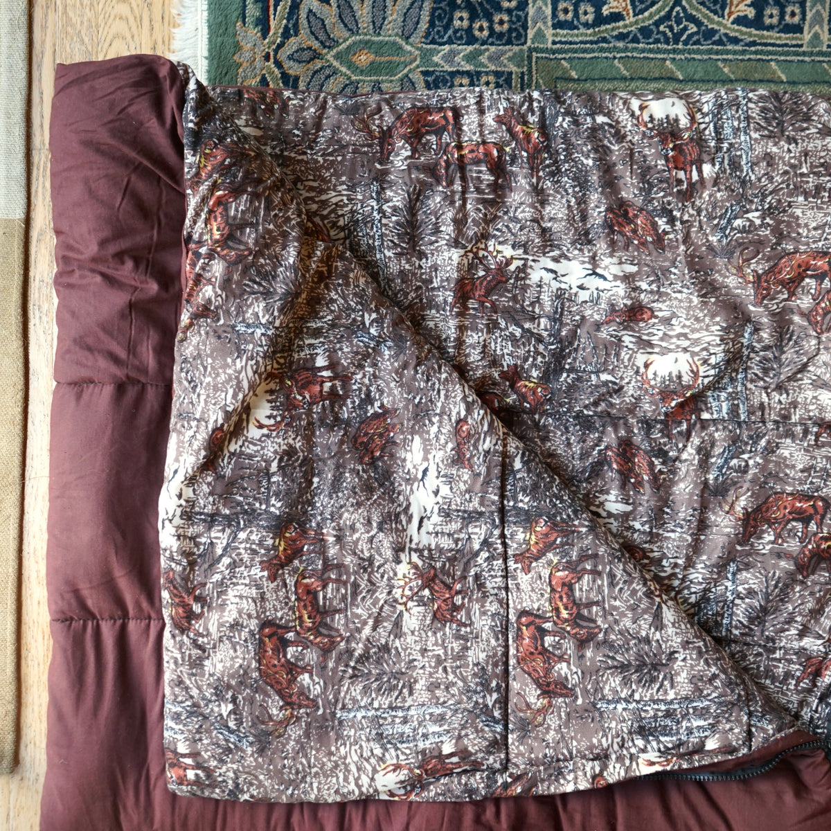 Vintage XL Deer Quilted Maroon Flannel Hunting Sleeping Bag