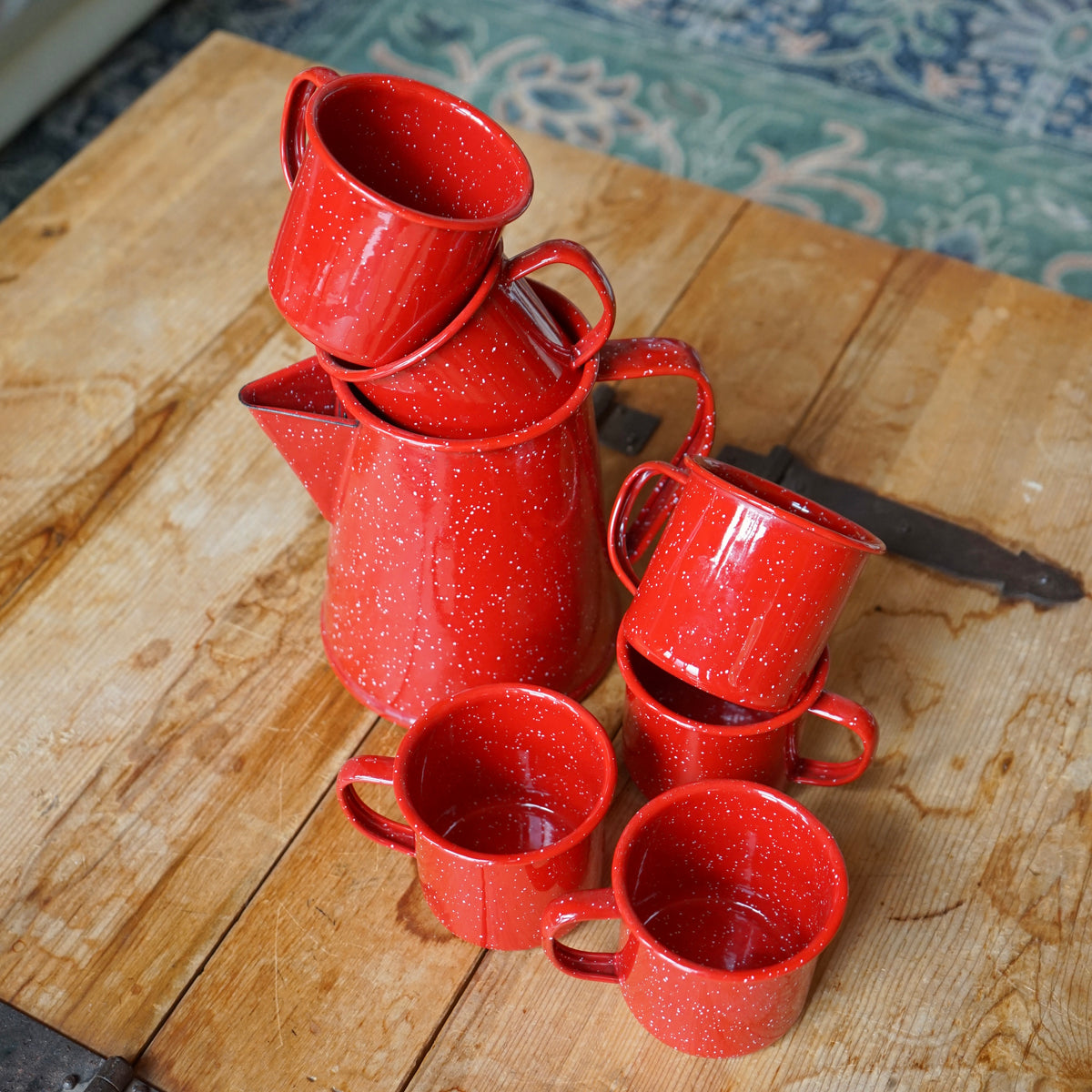 Vintage Red Speckled Enamel Coffee Pot & 6 Mugs