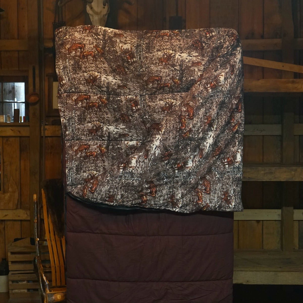 Vintage XL Deer Quilted Maroon Flannel Hunting Sleeping Bag
