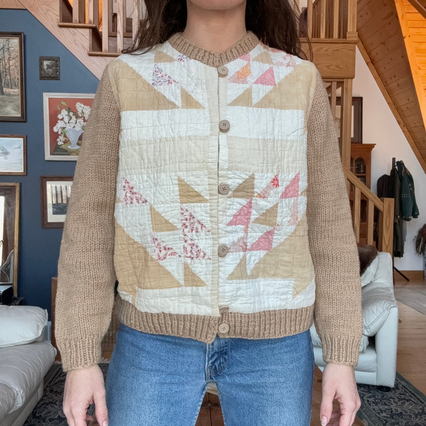 Vintage Handmade Quilt Button Up Sweater Size S/M